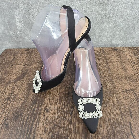 Adrienne Vittadini Suza Slingback Kitten Heels 7.5 Black Pearl Rhinestone Formal - Picture 14 of 15